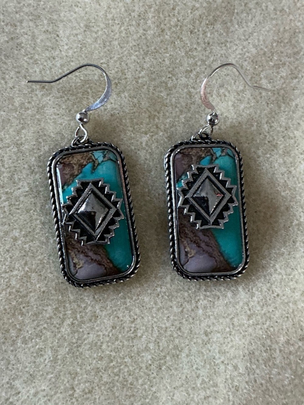 Rectangle Drop Earrings with Silver Tribal Accent